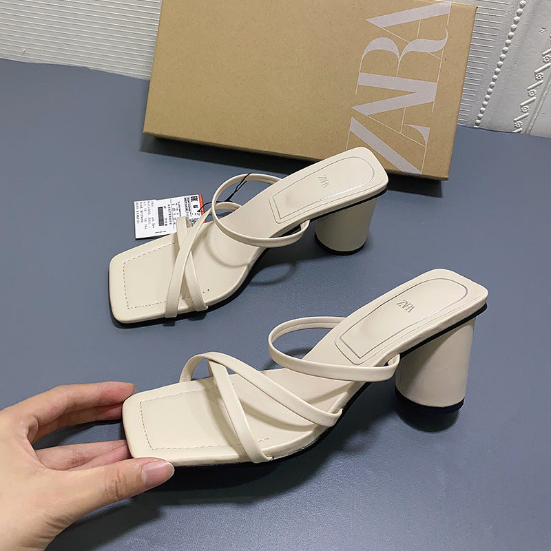 Square Toe High-heeled Sheep Leather Sandals