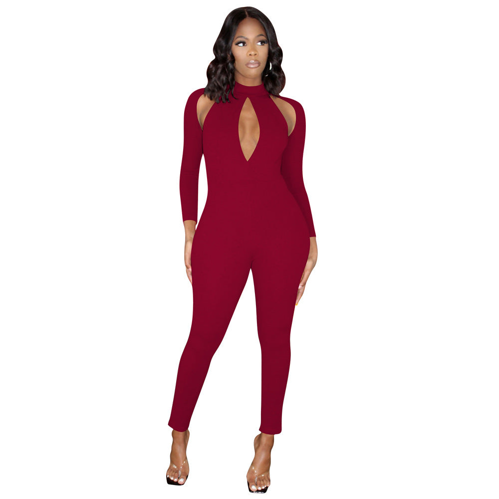 Women's Solid Color Long-sleeved Invisible Cut-out Jumpsuit