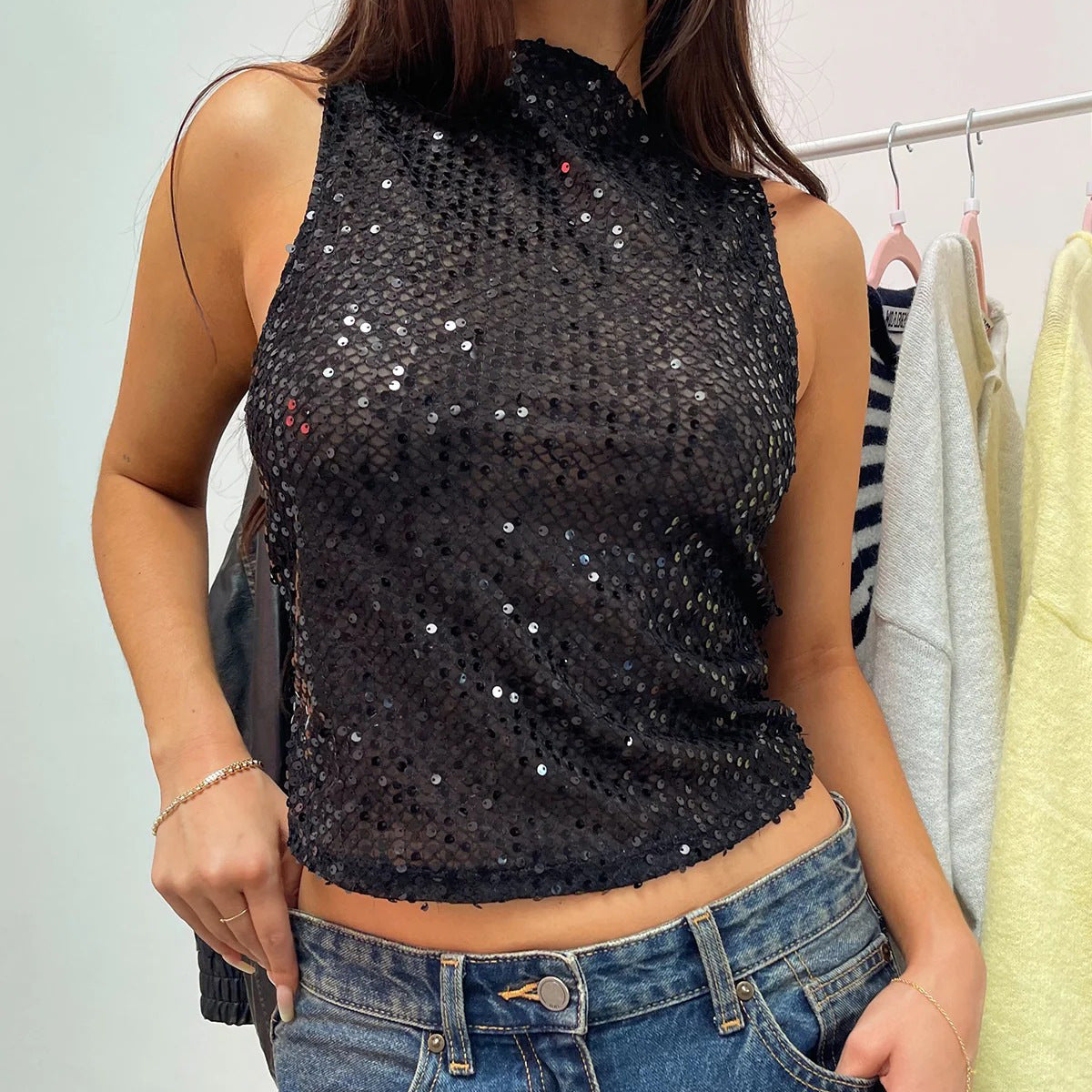 Sequin Sleeveless Party Crop Top