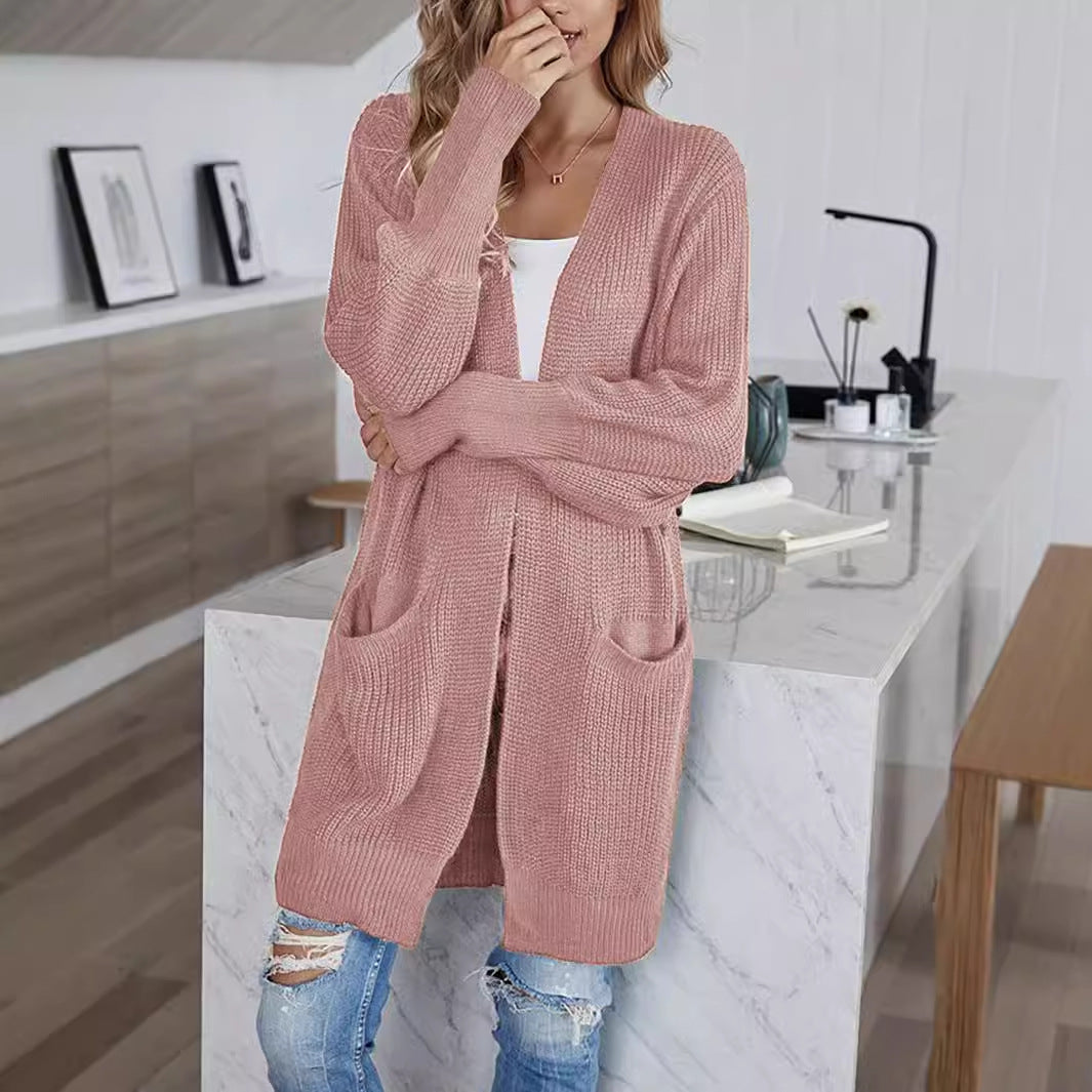 Women's Knitted Sweater Solid Color Pocket Cardigan Coat