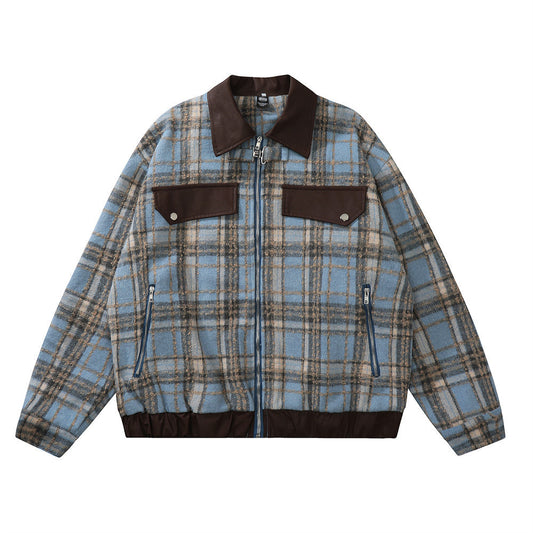 American Color-contrast Check Polo Collar Jacket Men's