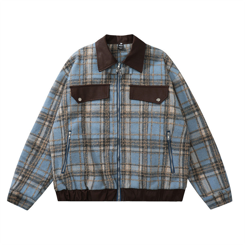 American Color-contrast Check Polo Collar Jacket Men's
