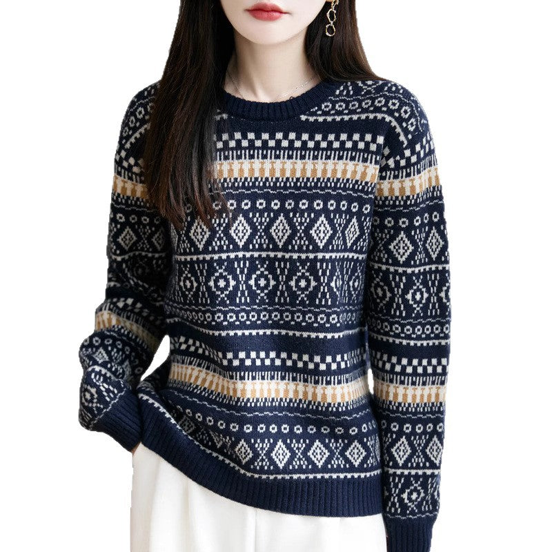Retro Jacquard Crew-Neck Pullover Fair Isle Thickened Sweater
