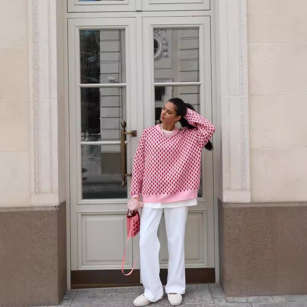 Leisure Pullover Strawberry Embroidery Contrast Color