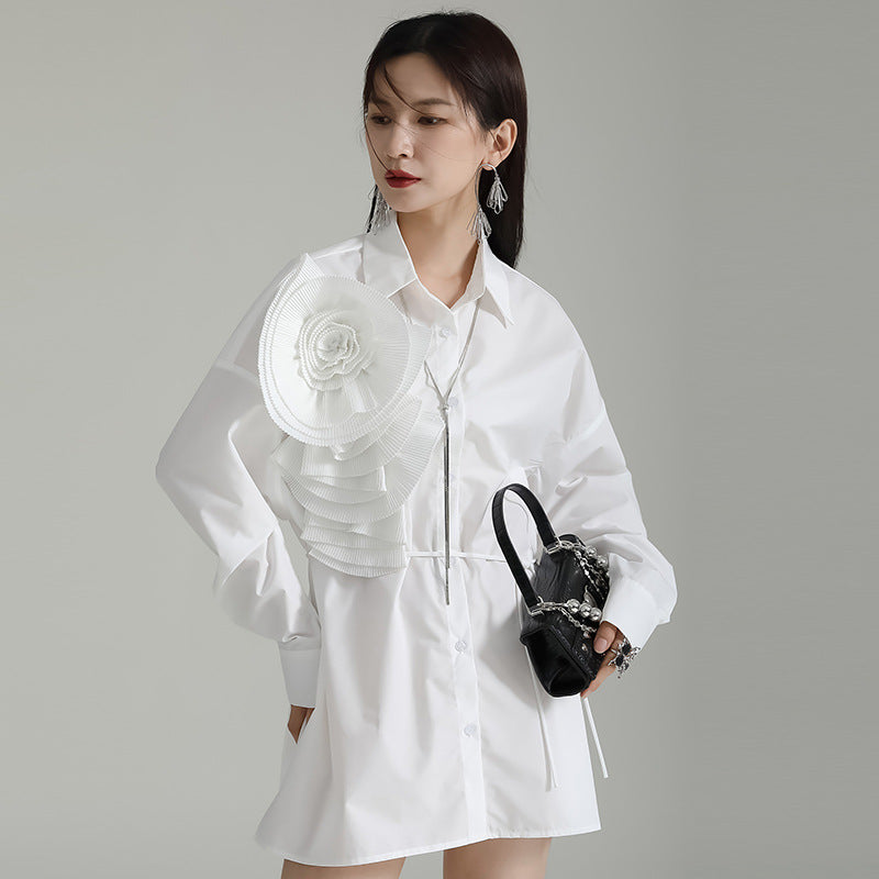 Design Sense Niche Pleated Three-dimensional Flower Long Sleeve Shirt Skirt