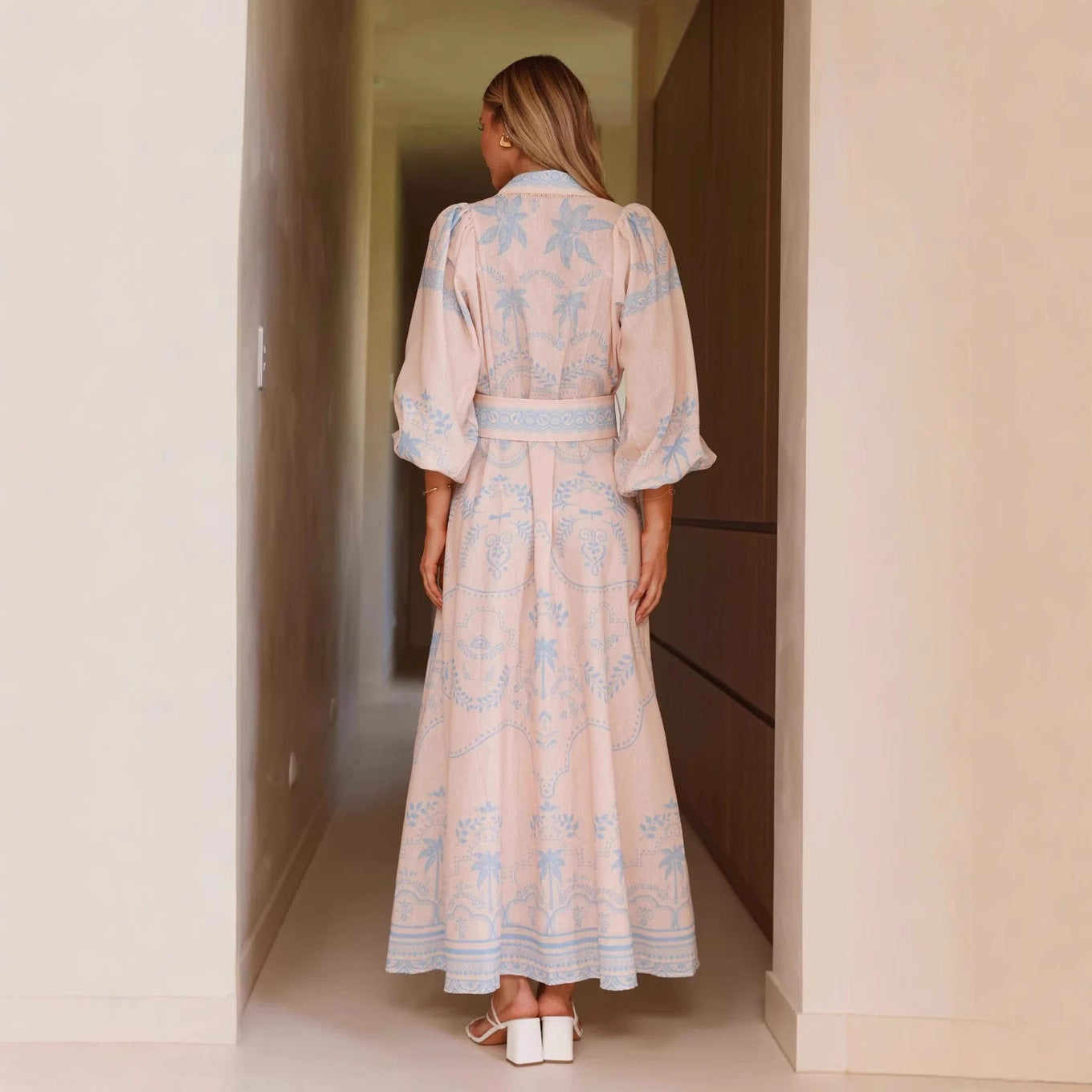 Loose Casual Linen Dress With Puff Sleeves