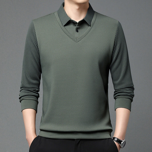 Business Casual Men's Clothing Fake Two-piece Striped Sleeve T-shirt