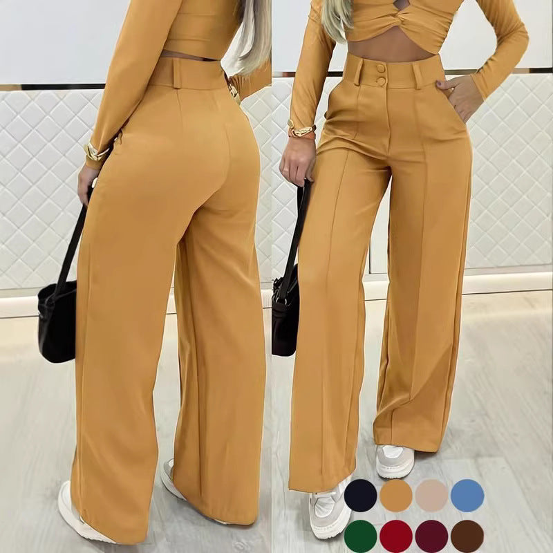 Essential Minimalist Wide-leg Pants With Double-breasted Buttons For The Office