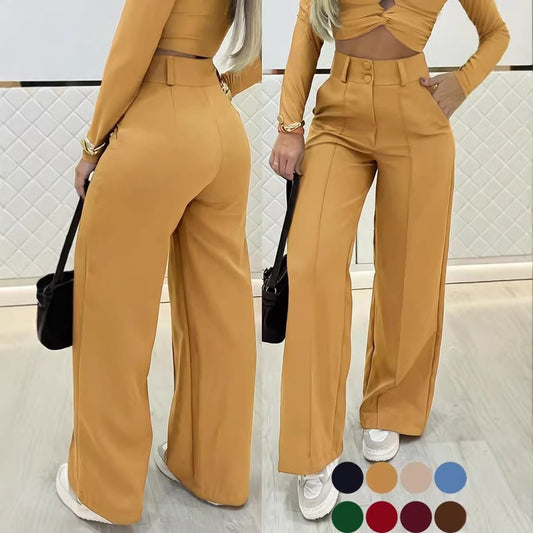 Essential Minimalist Wide-leg Pants With Double-breasted Buttons For The Office