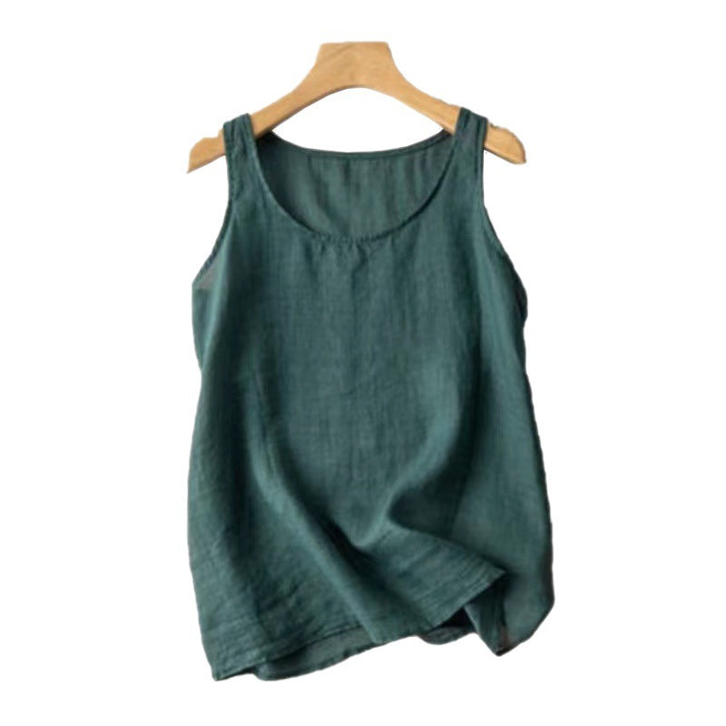 Artistic Retro Loose Solid Color Cotton Linen Vest Women's Top