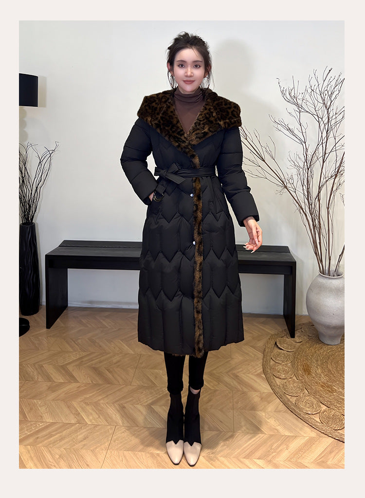 Stitching Overknee Long Slim-fit Belt Elegant Cotton-padded Jacket