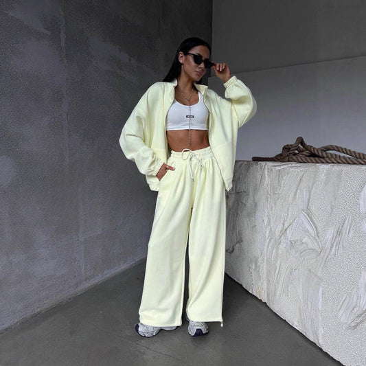 Casual Sports Suit Cardigan Wide Leg Sweatpants For Women