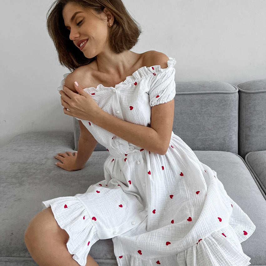 Off-shoulder Hjerteprint Blomstret Cardigan Med Flæsekant Ren Bomuld Loungewear Natkjole Til Kvinder