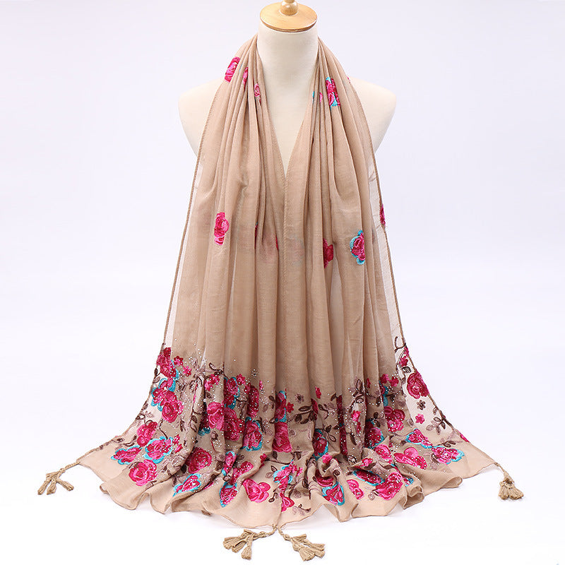 Pure Color Cotton And Linen Embroidered Hot Drilling Fringe Scarf