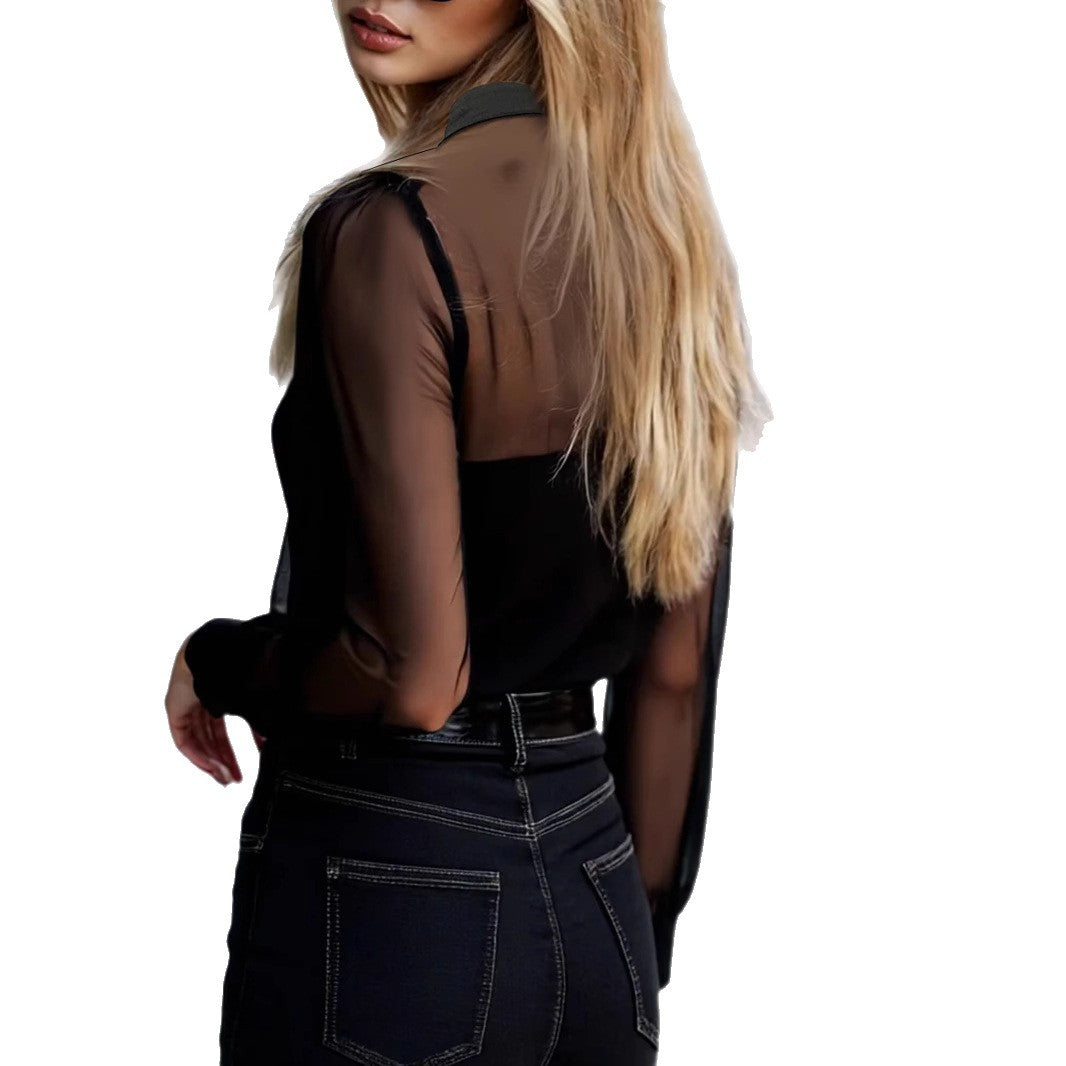 Black Sexy Elegant Mesh-Panel Blouse With A Sophisticated Vibe