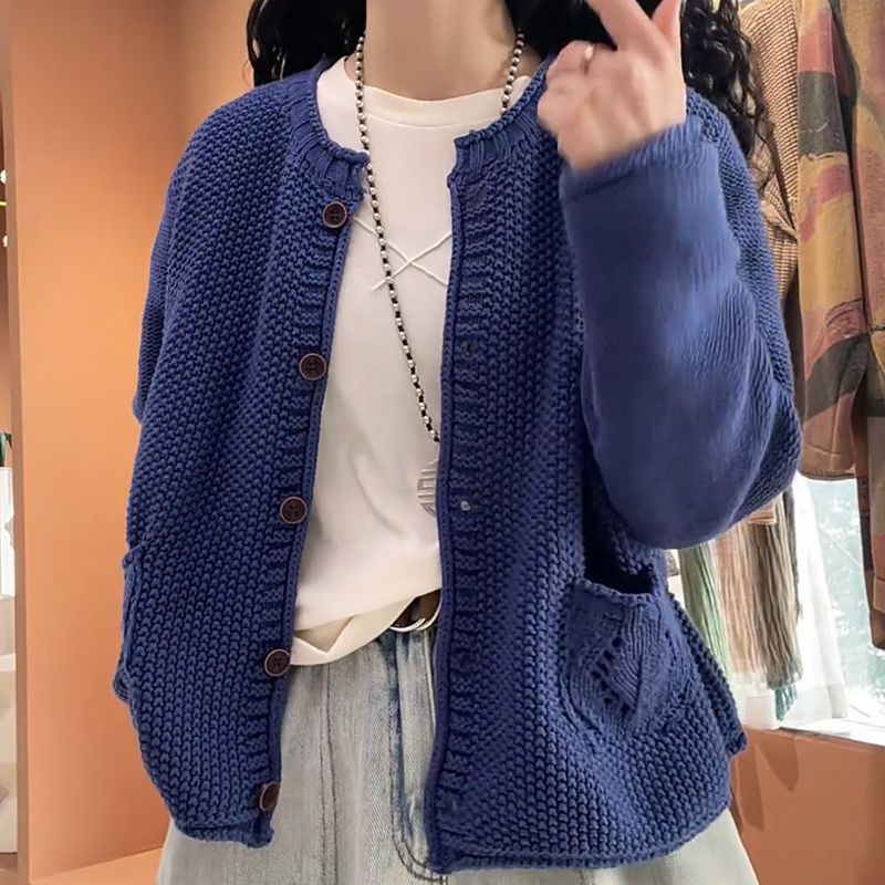 Women's Solid Color Round Neck Long Sleeve Knitted Sweater Coat