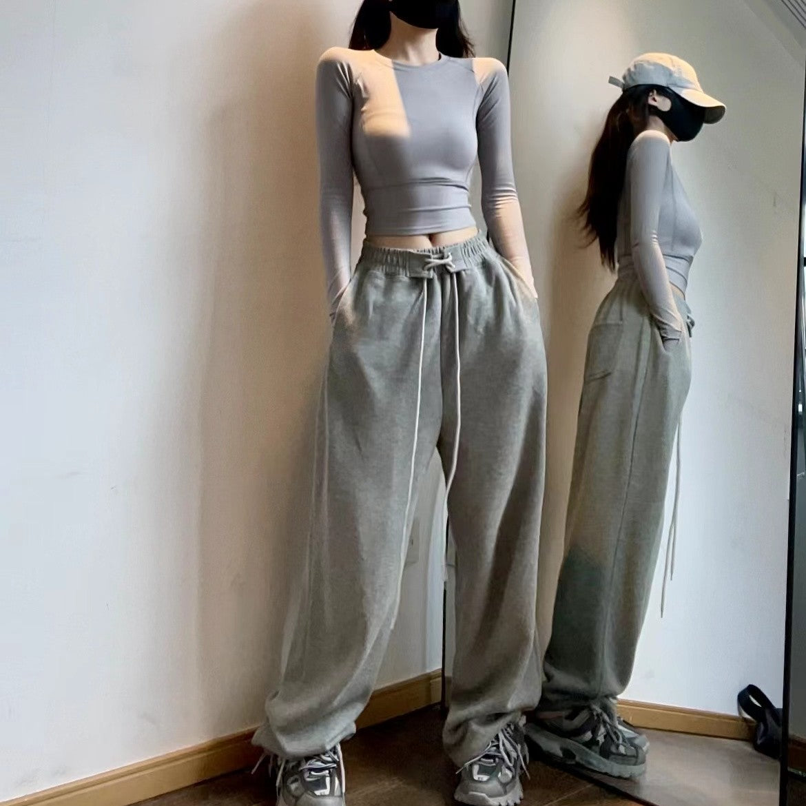 Sports Pants Female High Waist Drawstring Sweatpants Slim Casual Wide Leg Dancing Long