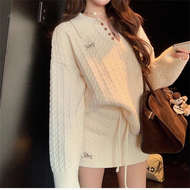 Korean-style Academic Twist Knit Skirt Set