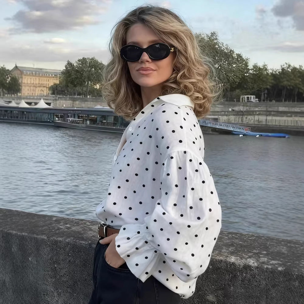 Early-Autumn Loose Casual Polka-Dot Shirt With Front Buttons For A Stylish Look