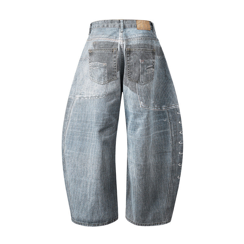 European And American High Street Washed Loose Wide Leg Machete Printed Jeans
