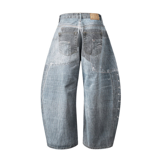 European And American High Street Washed Loose Wide Leg Machete Printed Jeans