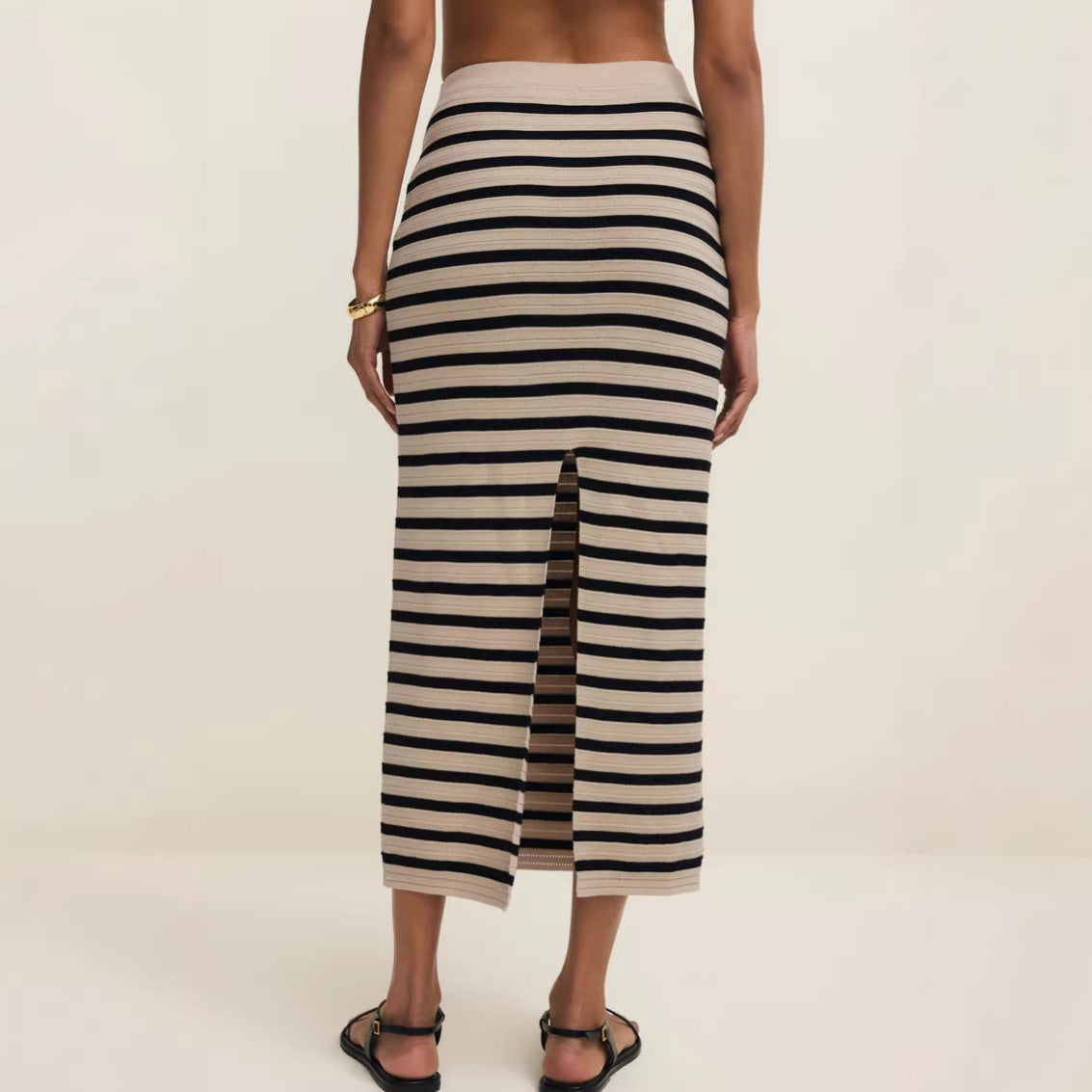 Striped Knitted Sleeveless Top And Slit Midi Skirt Set