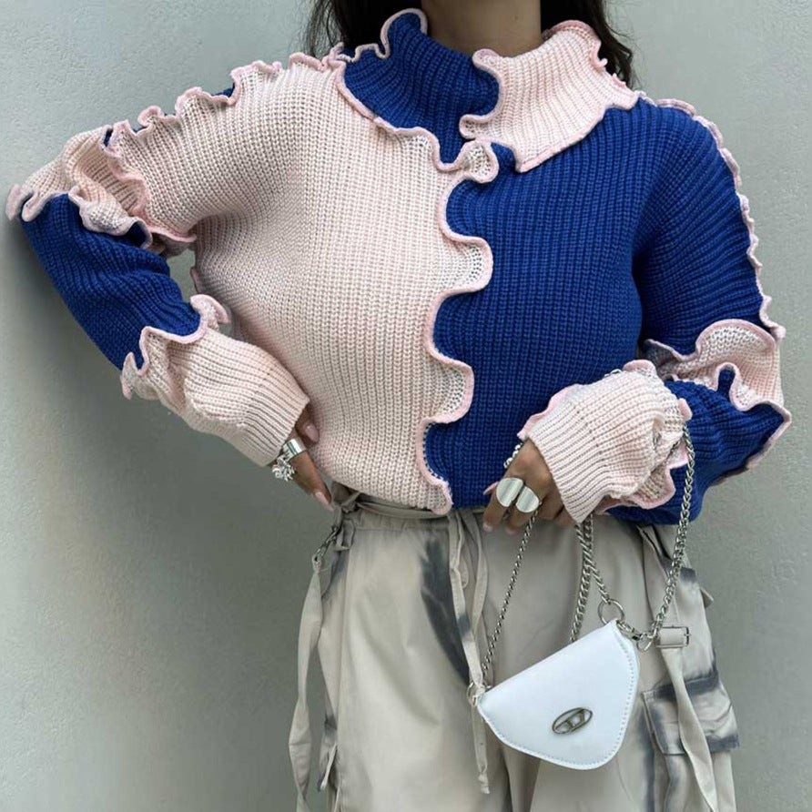 Fashionable Stringy Selvedge Large Color Block Contrast Color Sweater