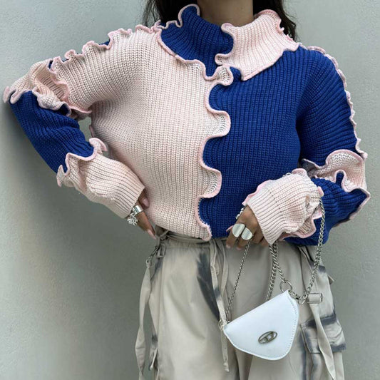 Fashionable Stringy Selvedge Large Color Block Contrast Color Sweater