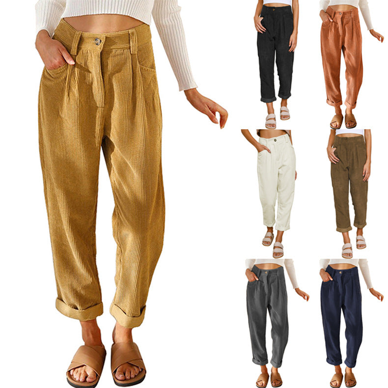 Women's High Waist Casual Pants Solid Color Loose Straight Trousers