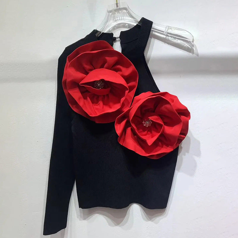 High-end Design Stitching Flowers Slim-fit Knitted Top