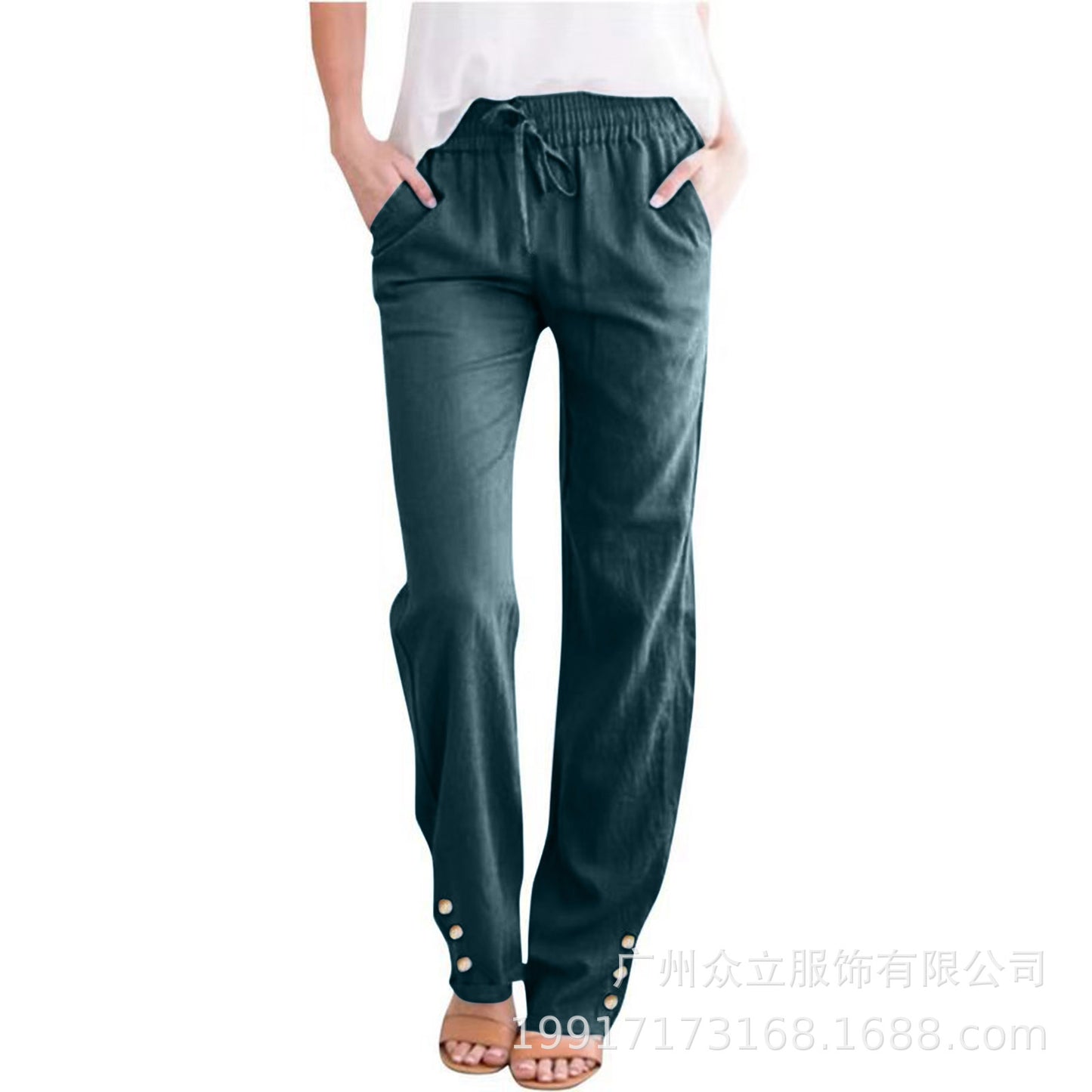 Solid Color Cotton And Linen Loose Drawstring Button Casual Wide-leg Trousers