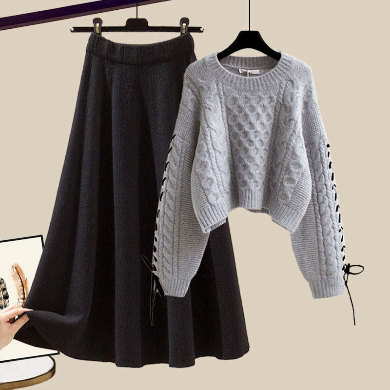 Stylish Figure-flattering Knit Sweater And Skirt Two-piece Set