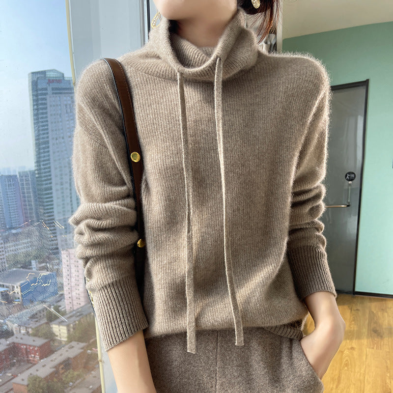Autumn And Winter Cashmere Sweater Women's Turtleneck Drawstring Loose Thick Pullover Sweater