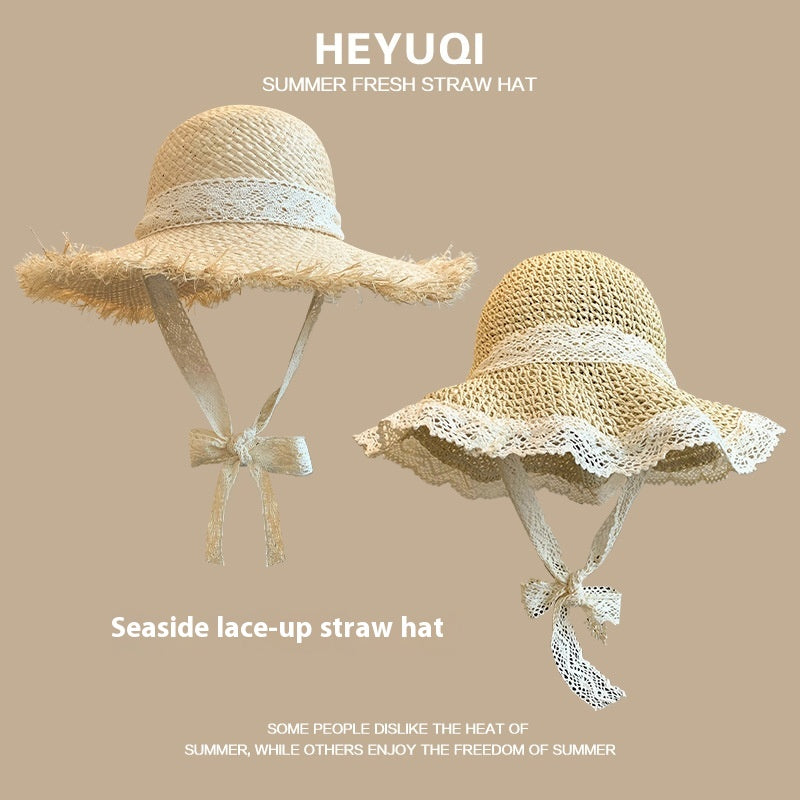 French Lace Raffia Hat Women's Summer Seaside