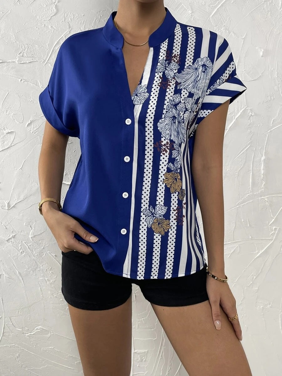 Double Contrast Color Floral Button Cardigan Short Sleeve Shirt