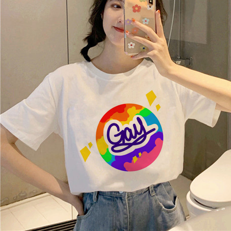 Personality Couple Wear Rainbow Letter Print Casual Short Sleeve T-Shirt