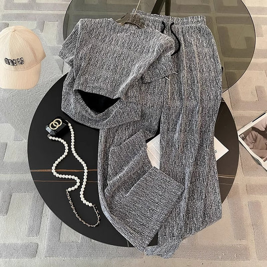 Laid-back Style Gray Short-sleeve Wide-leg Pants Two-piece Set