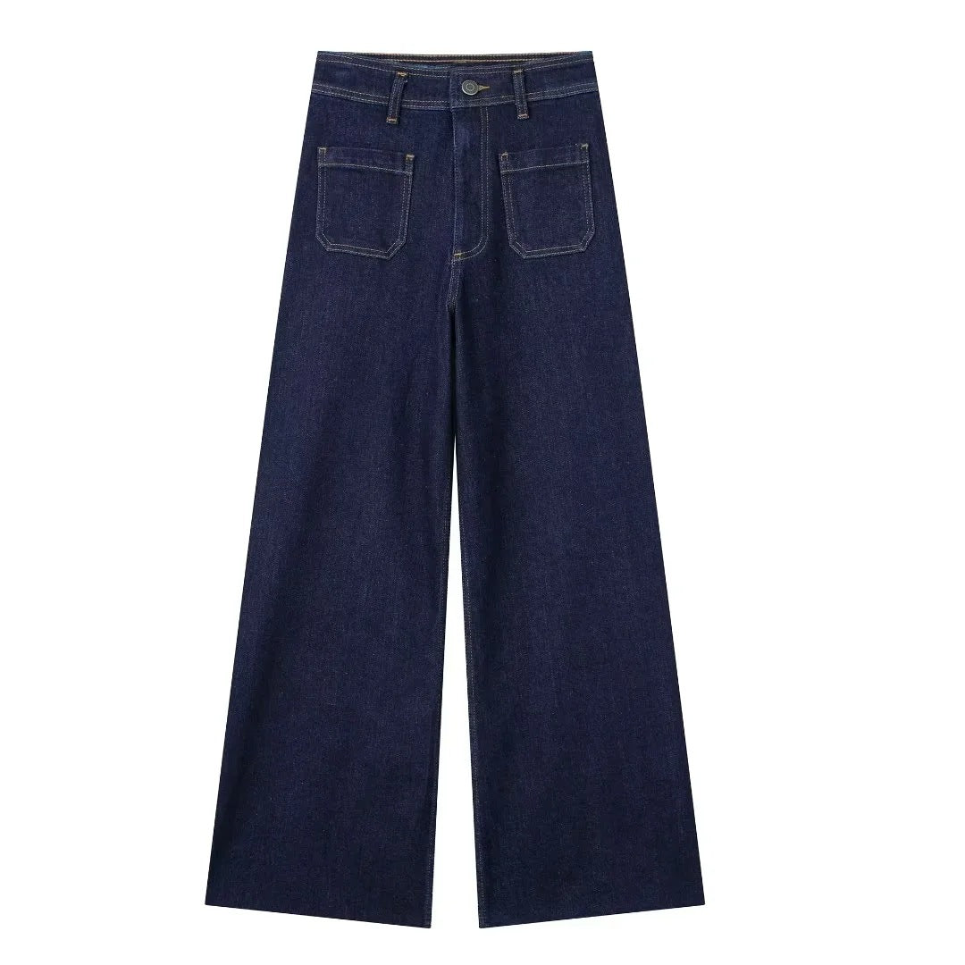 Navy Tuyere Pocket Decoration Loose Straight High Waist Jeans