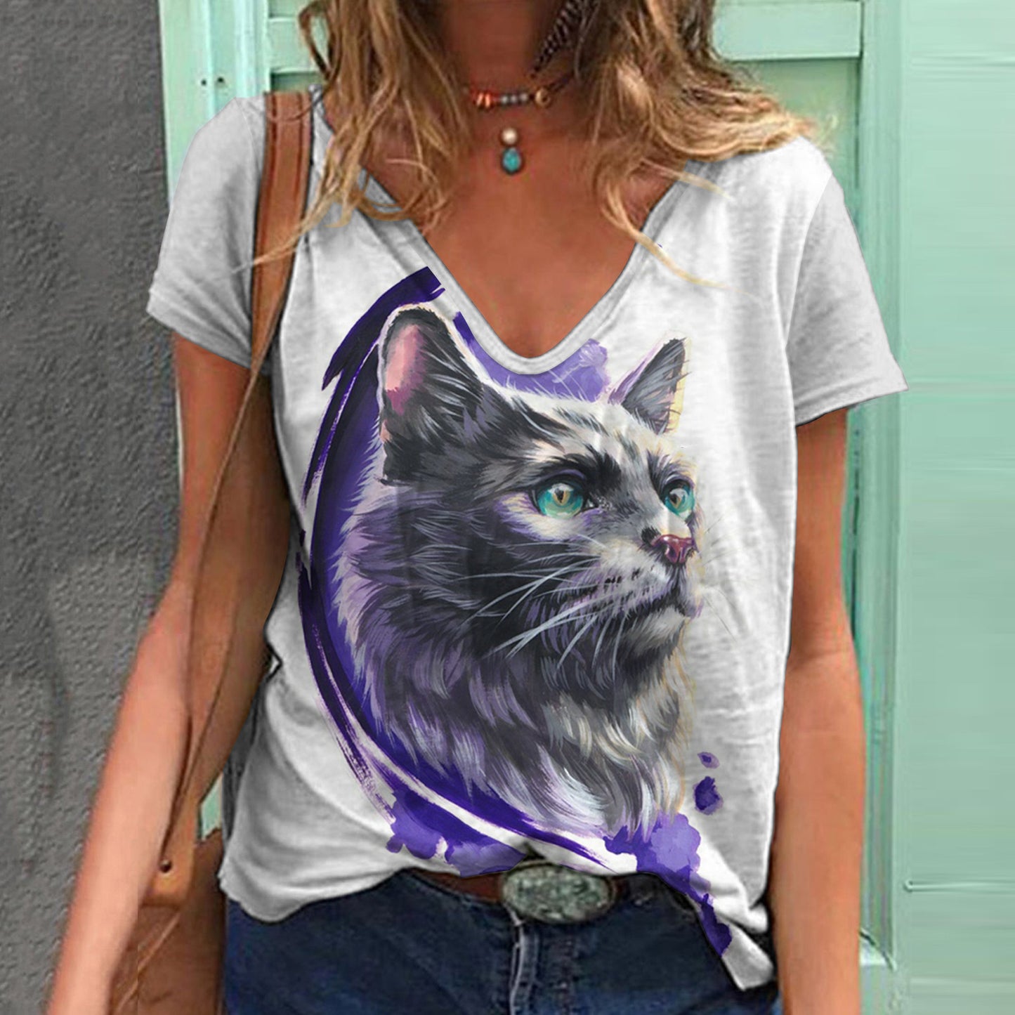 Women's Top Print V-neck Short-sleeved T-shirt