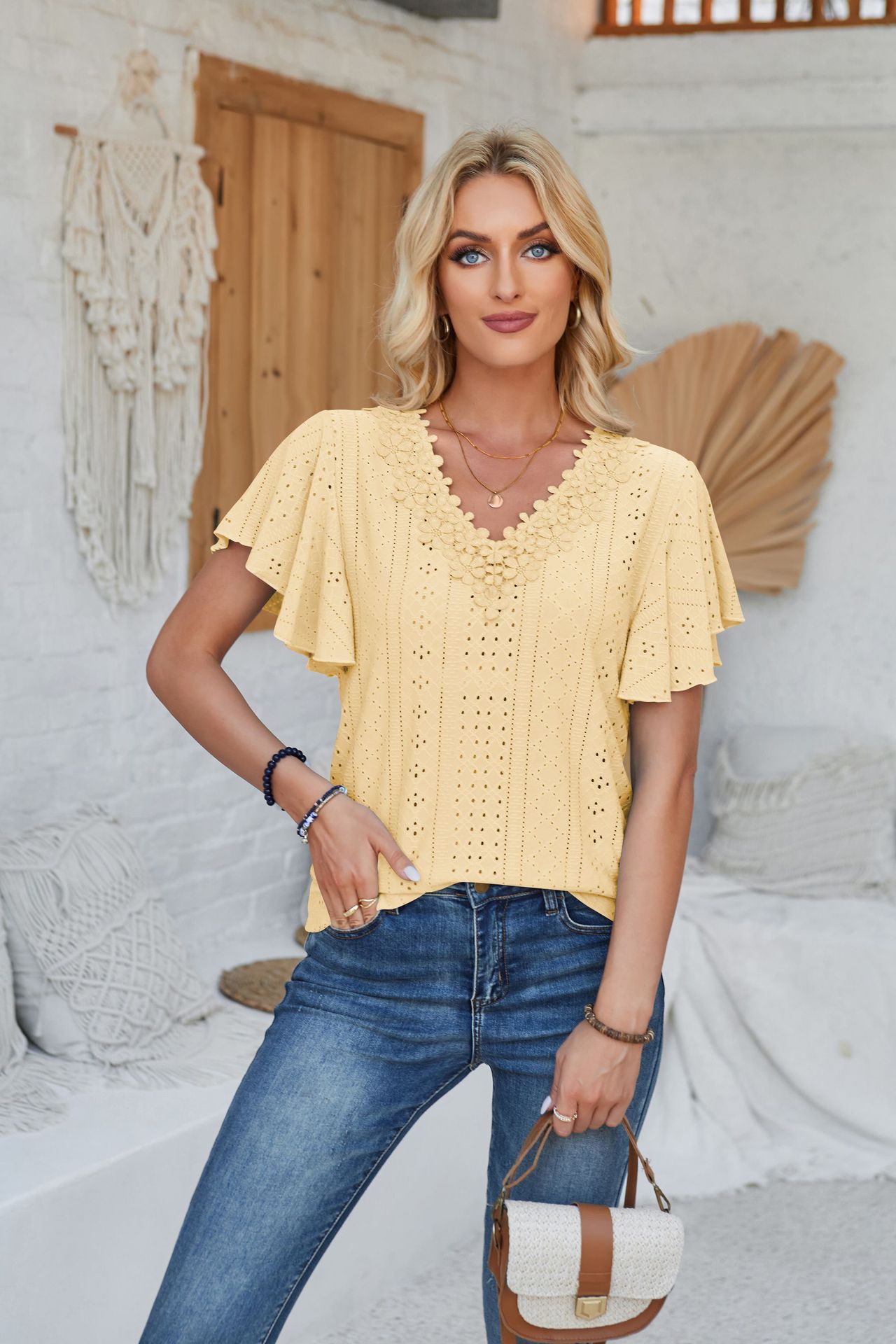 Women's Spring And Summer Lace Ruffle Sleeve Solid Color Loose Short Sleeve