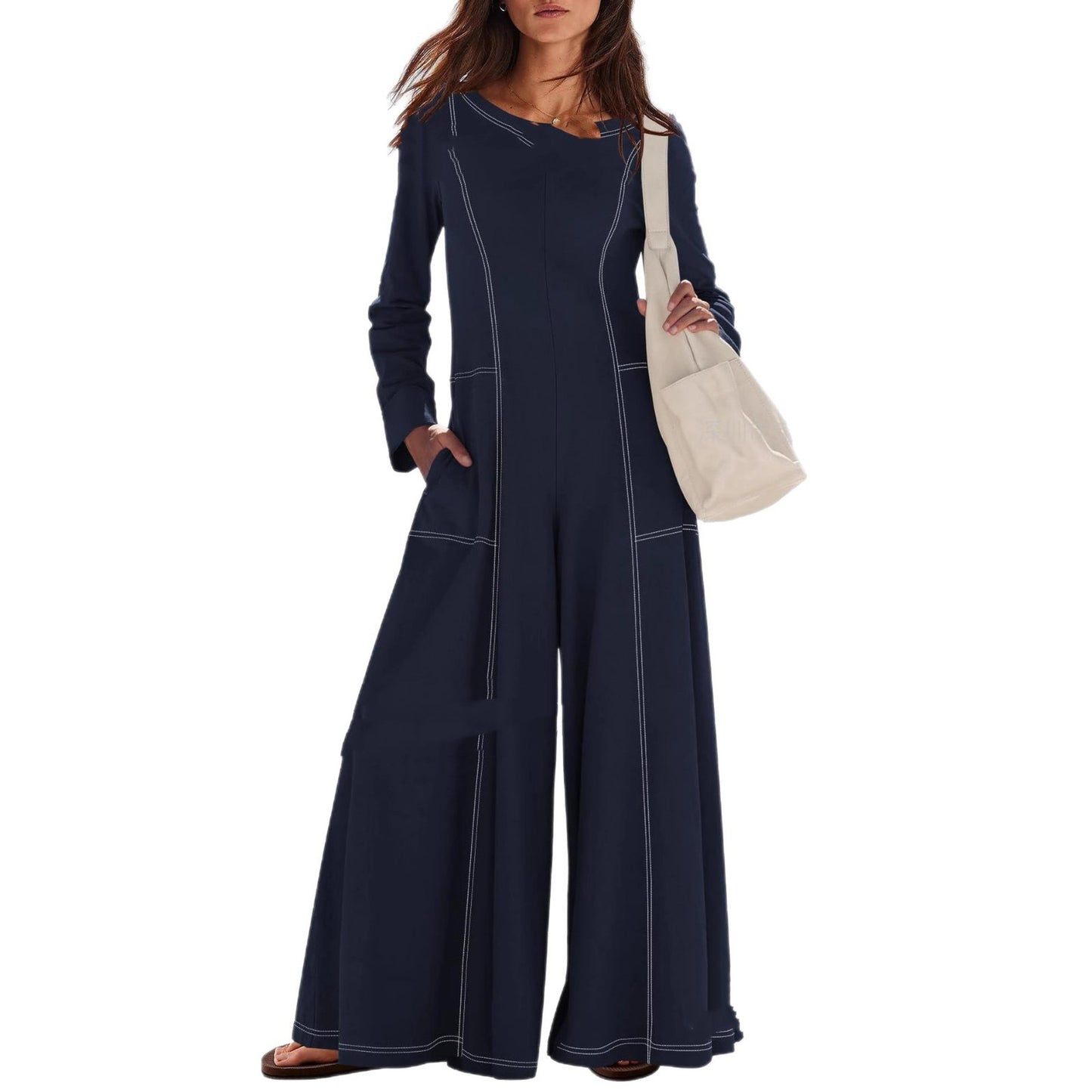 Women's Fashionable Casual Contrasting-Color Striped Long-Sleeve Jumpsuit