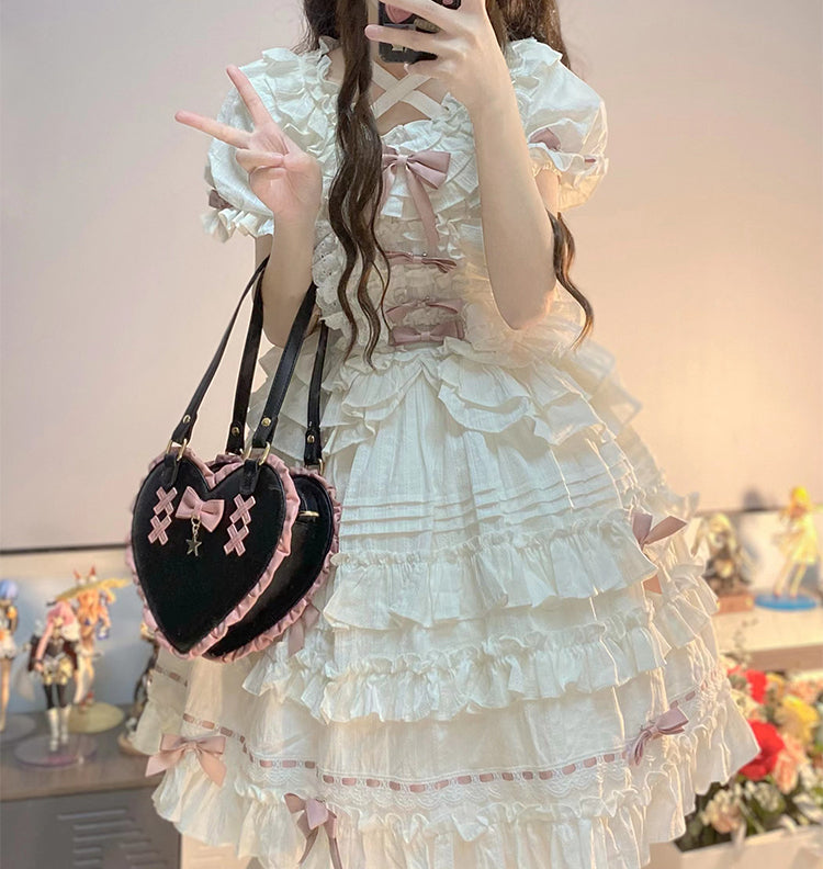 Cross Heart Knot Cute Heart Shape Lace Crossbody Portable Shoulder Bag