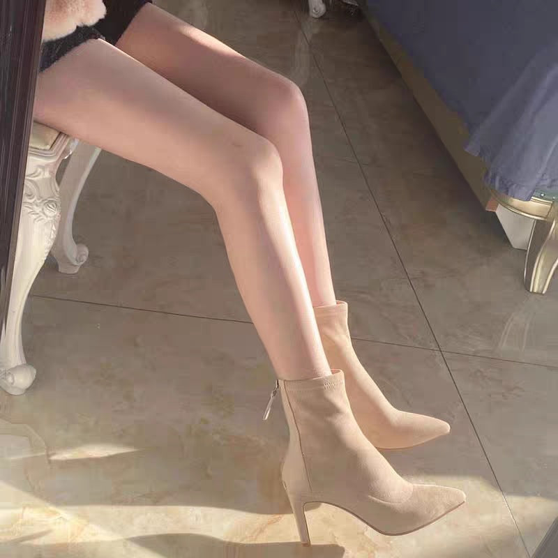 Suede Pointed Ankle Boots Chunky Heel