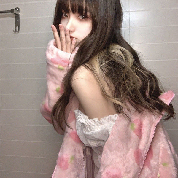 Peach Powder Plush Fleece Plus Velvet Thick Warm Jacket