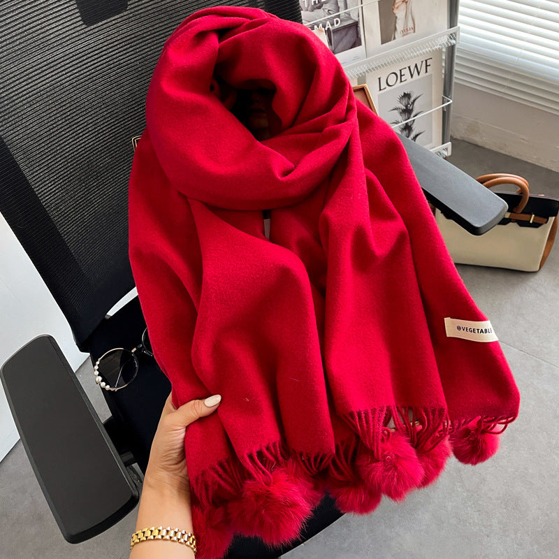 Beige Artificial Cashmere Scarf Fur Ball Winter Warm Tassel Shawl