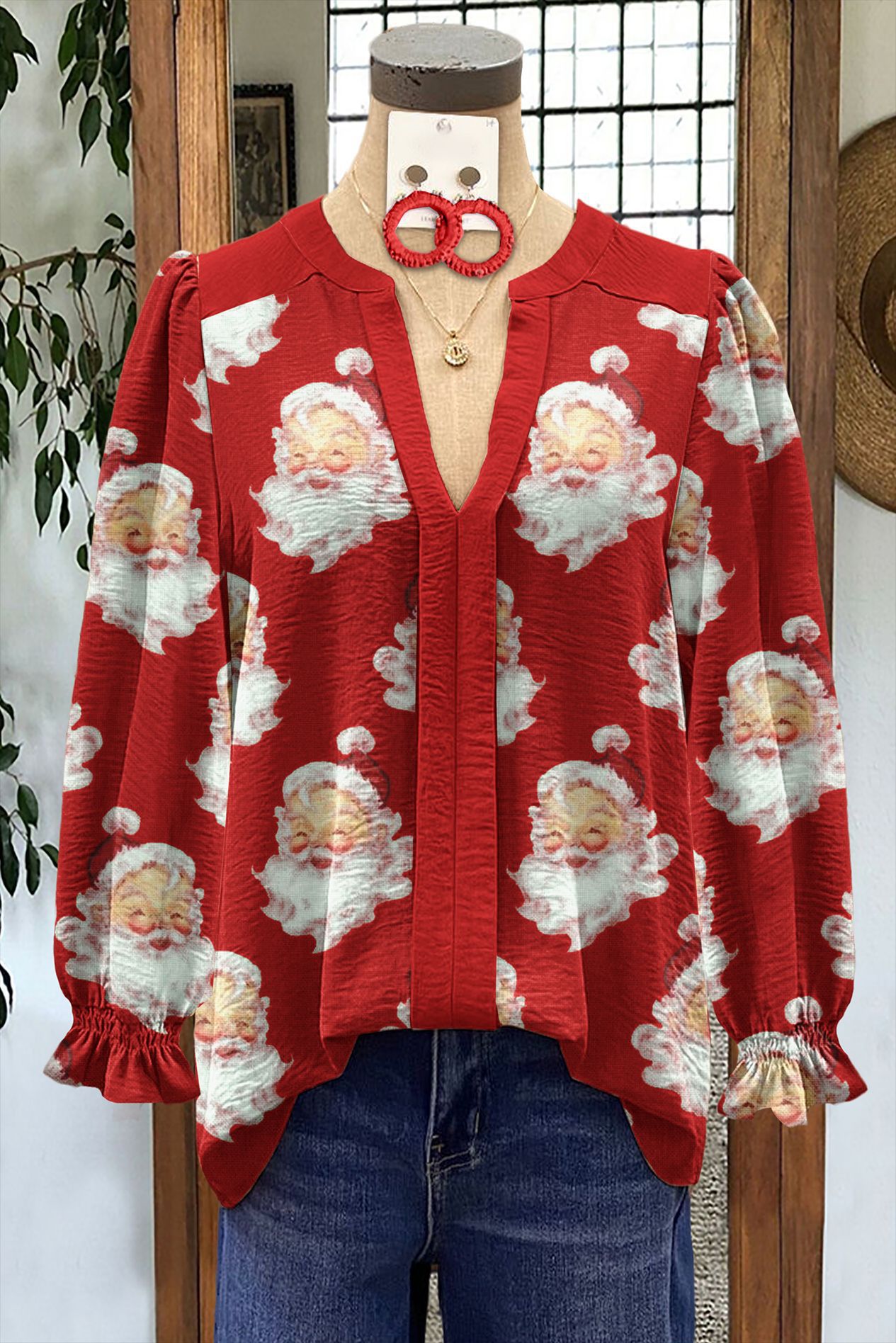 Women's Shirt Loose V-Neck Long Sleeve