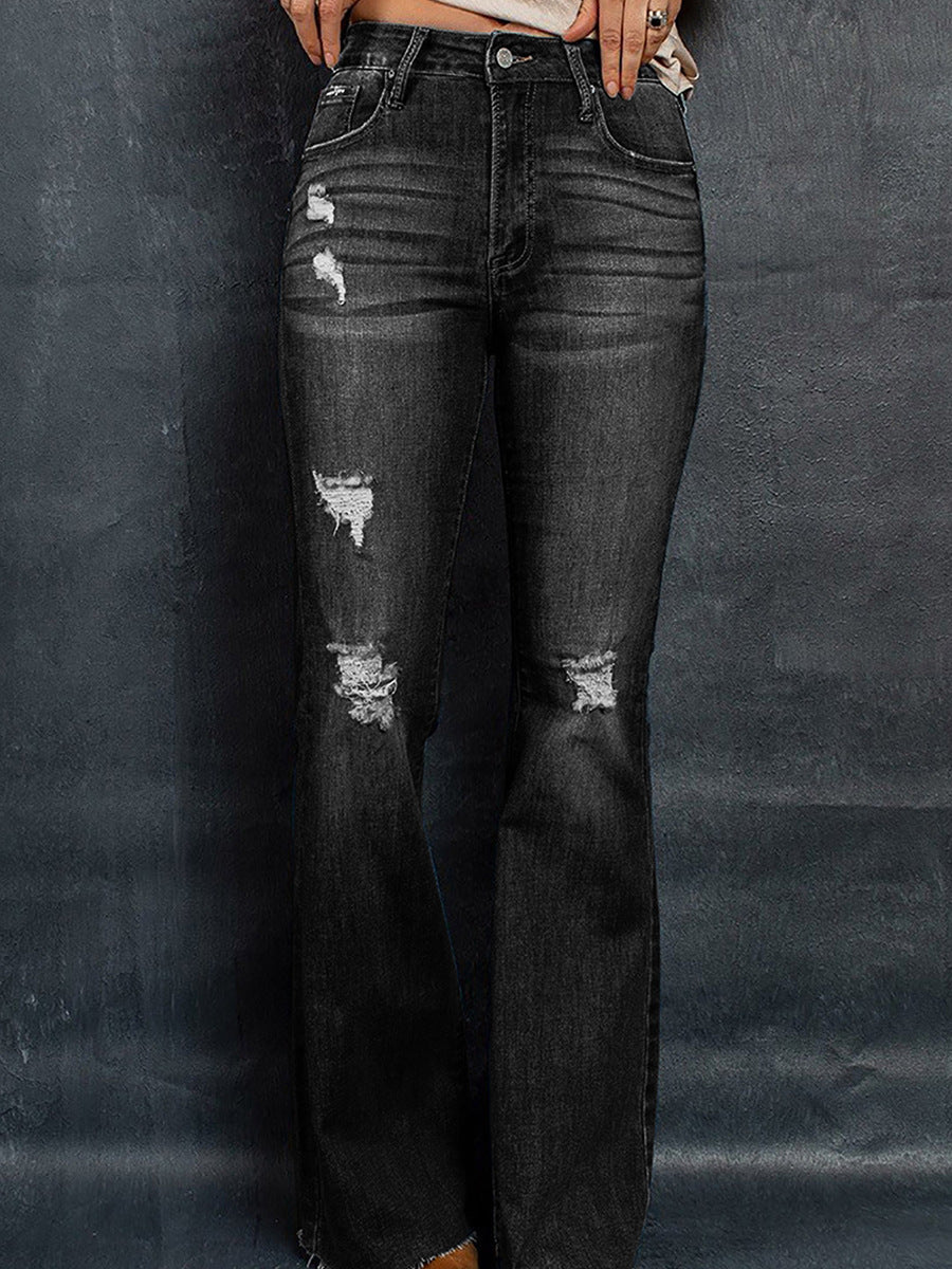 Dame Højtaljede Slim Jeans Vaskede Og Frayed Vide Ben Bukser