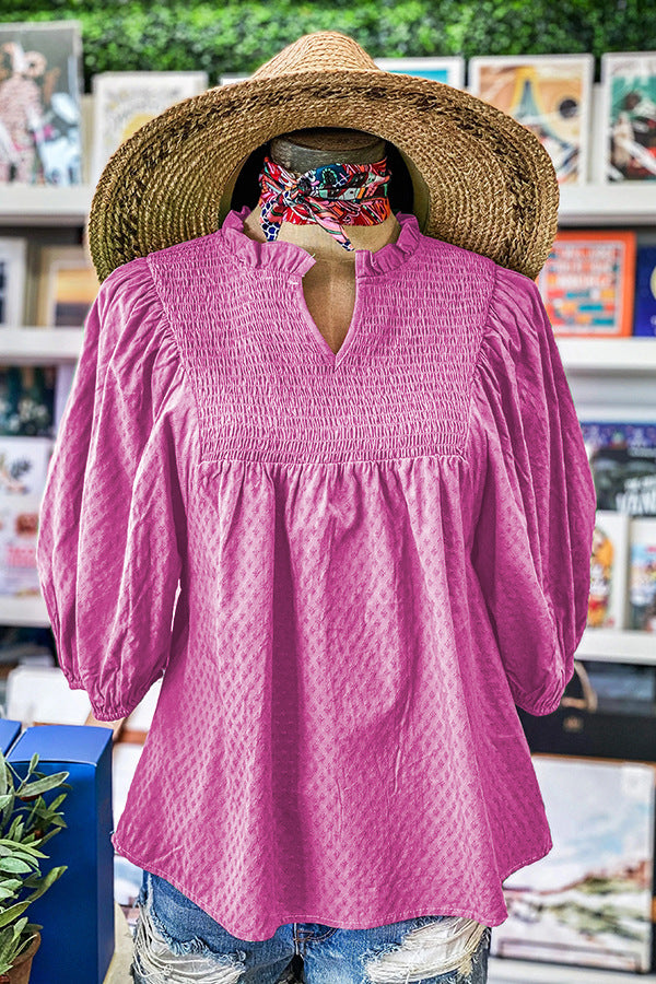 Bell Sleeve Gathers Cotton V-neck Gathers T-shirt