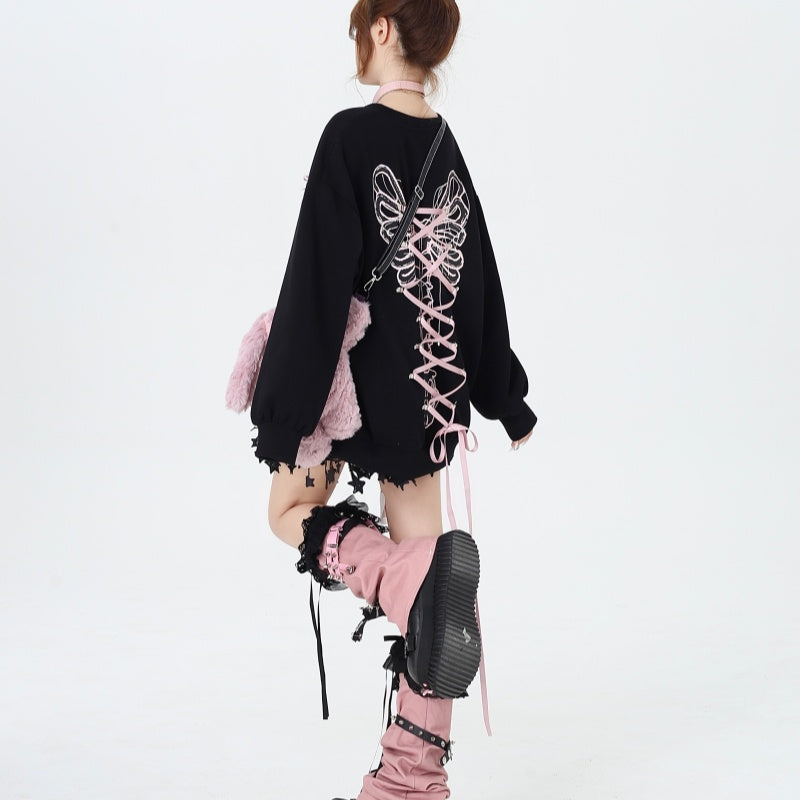 Sweet Cool Bow Bandage Heavy Industry Round Neck Loose Sweatshirt Autumn