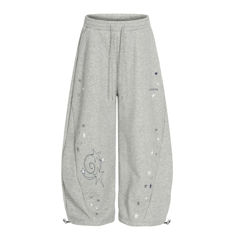 Womens Retro Star Drawstring Wide-Leg Sweatpants